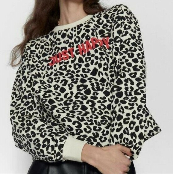 ZARA Cropped Leopard Cheetah Print Sweatshirt Just Happy Crewneck - Picture 1 of 8
